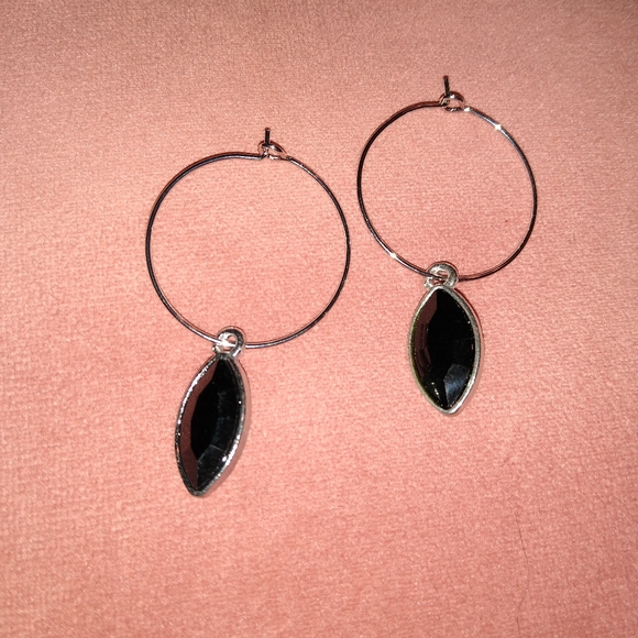 Black Marquis Rhinestone Silver Hoop CZ Crystal Dangle Earrings Basics Hoops New - Picture 3 of 6